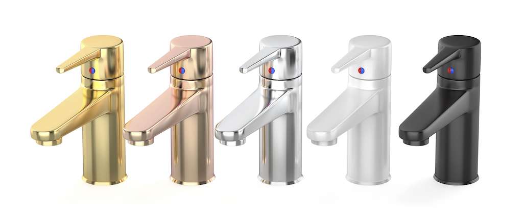 Different finishes of water faucets in a row on white background. 