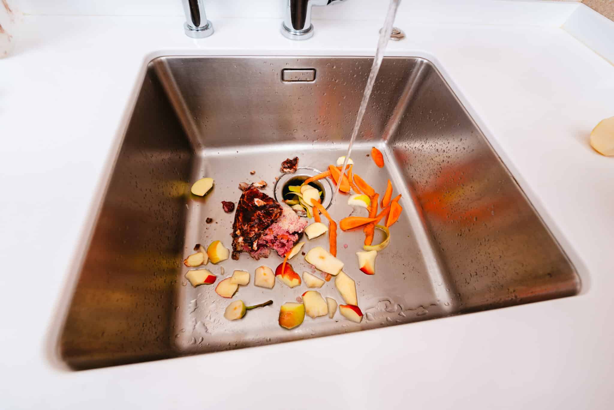 Food waste and vegetable scraps in a kitchen sink with running water and disposer, Smart Garbage Disposals.