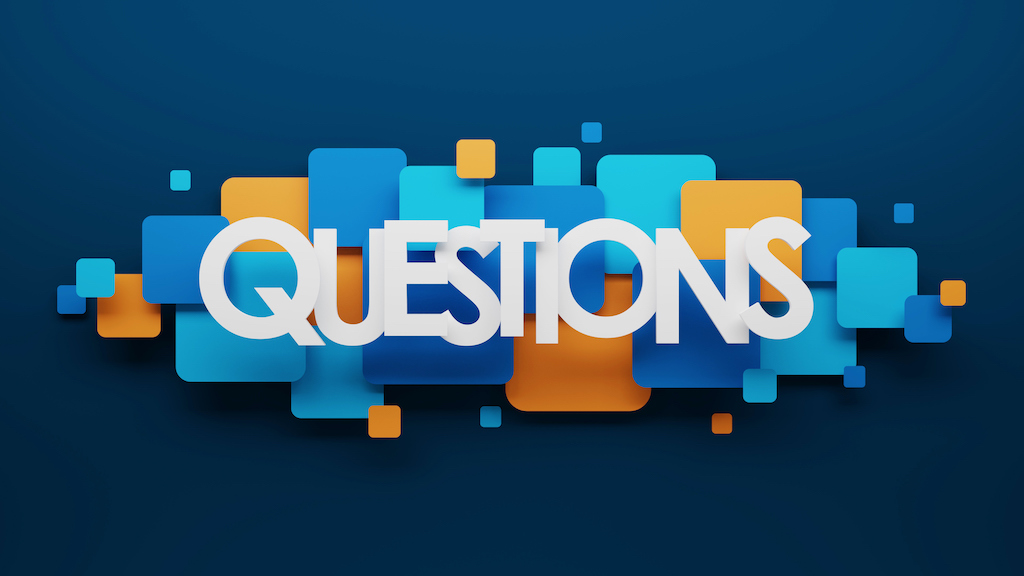 blue background with colored squares and the word 'questions' representing plumber FAQs.