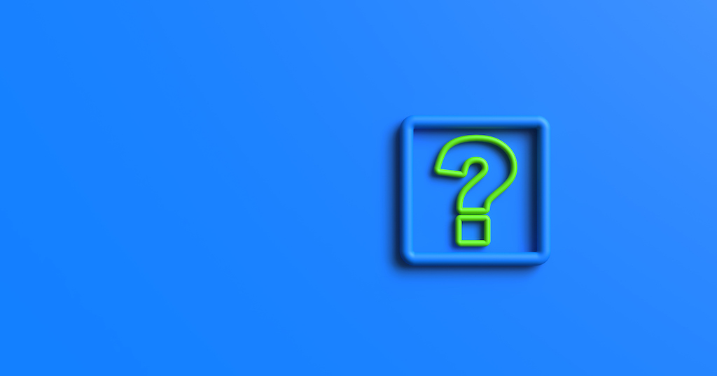 Blue background with 3D square and lime green question mark inside. Representing FAQs about plumbing service in Frisco, TX.