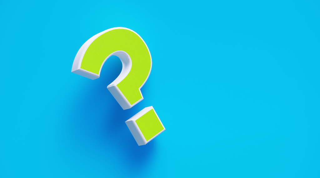 Blue background with lime green question mark, representing FAQs about plumbing service in Irving.