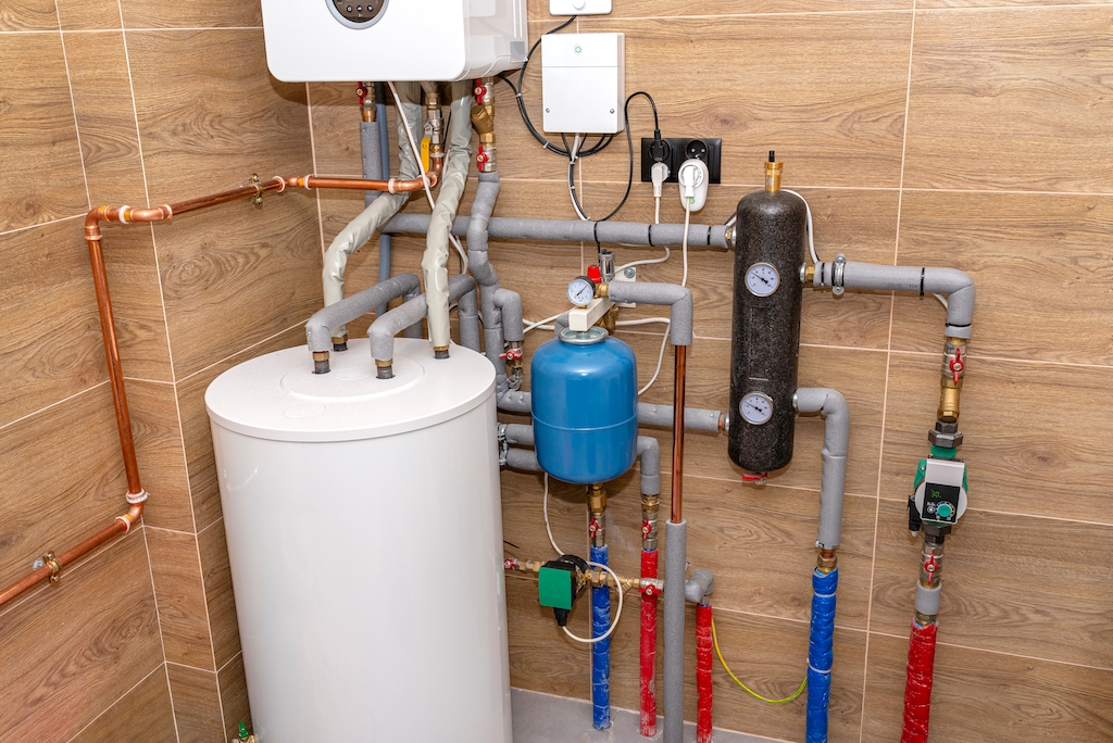 A water heater and water heater expansion tank in boiler room. 