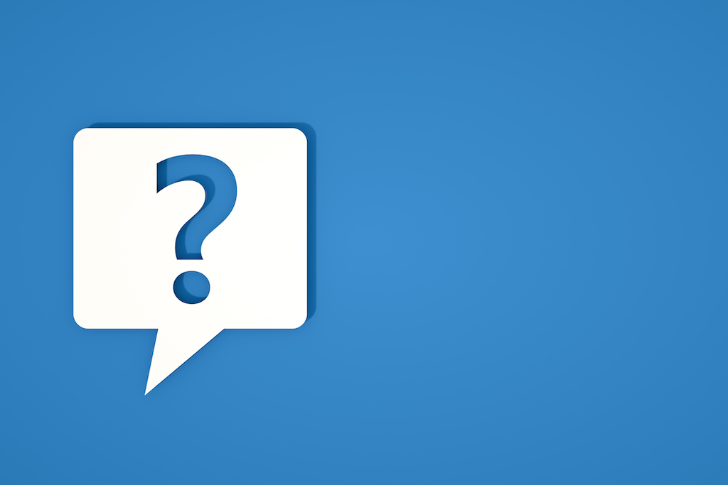 Blue background with white speech bubble and question mark. | water softener