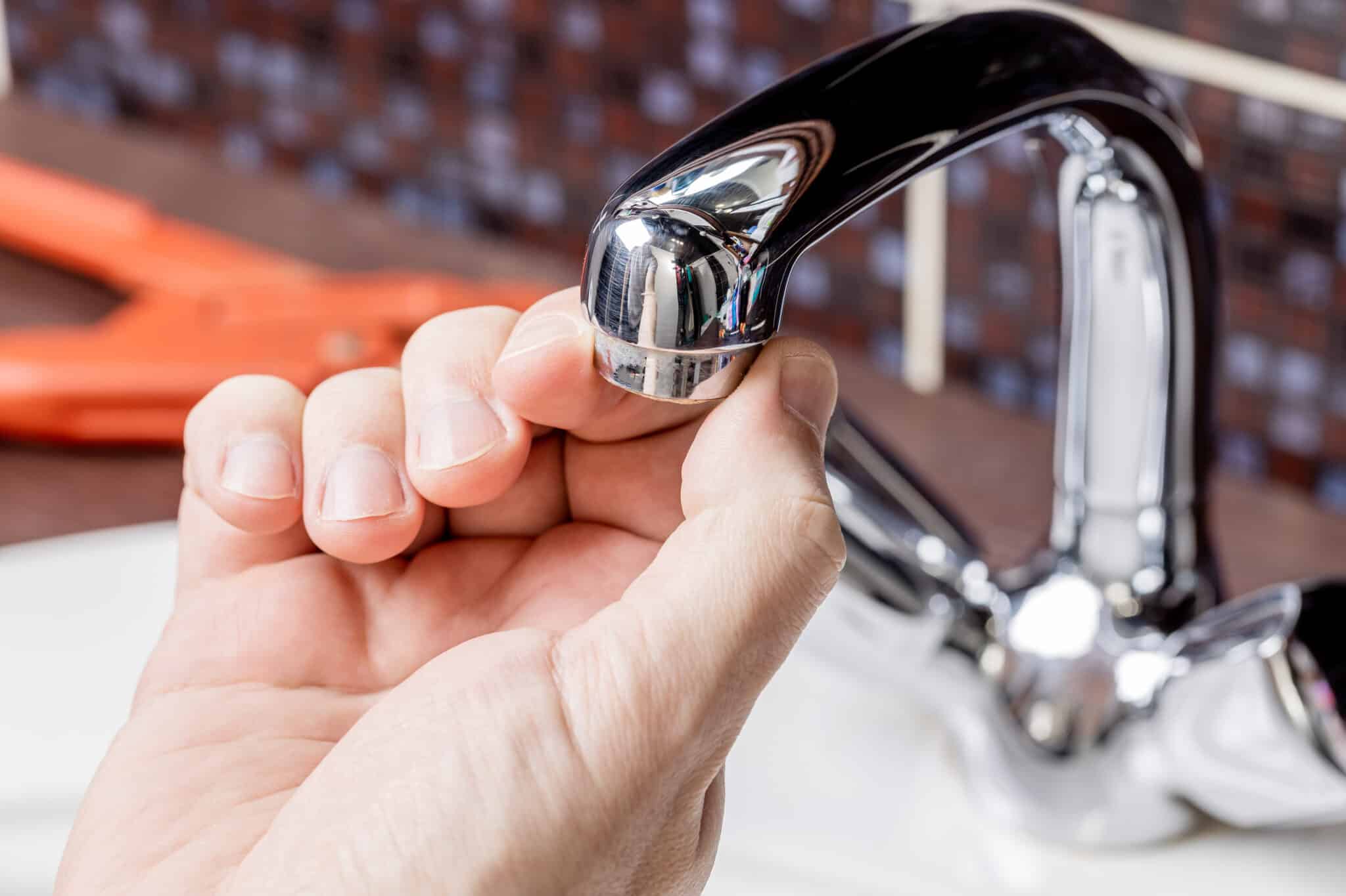 Plumber repair faucet concept. unclog dirty clogged faucet aerator, Water Flow.