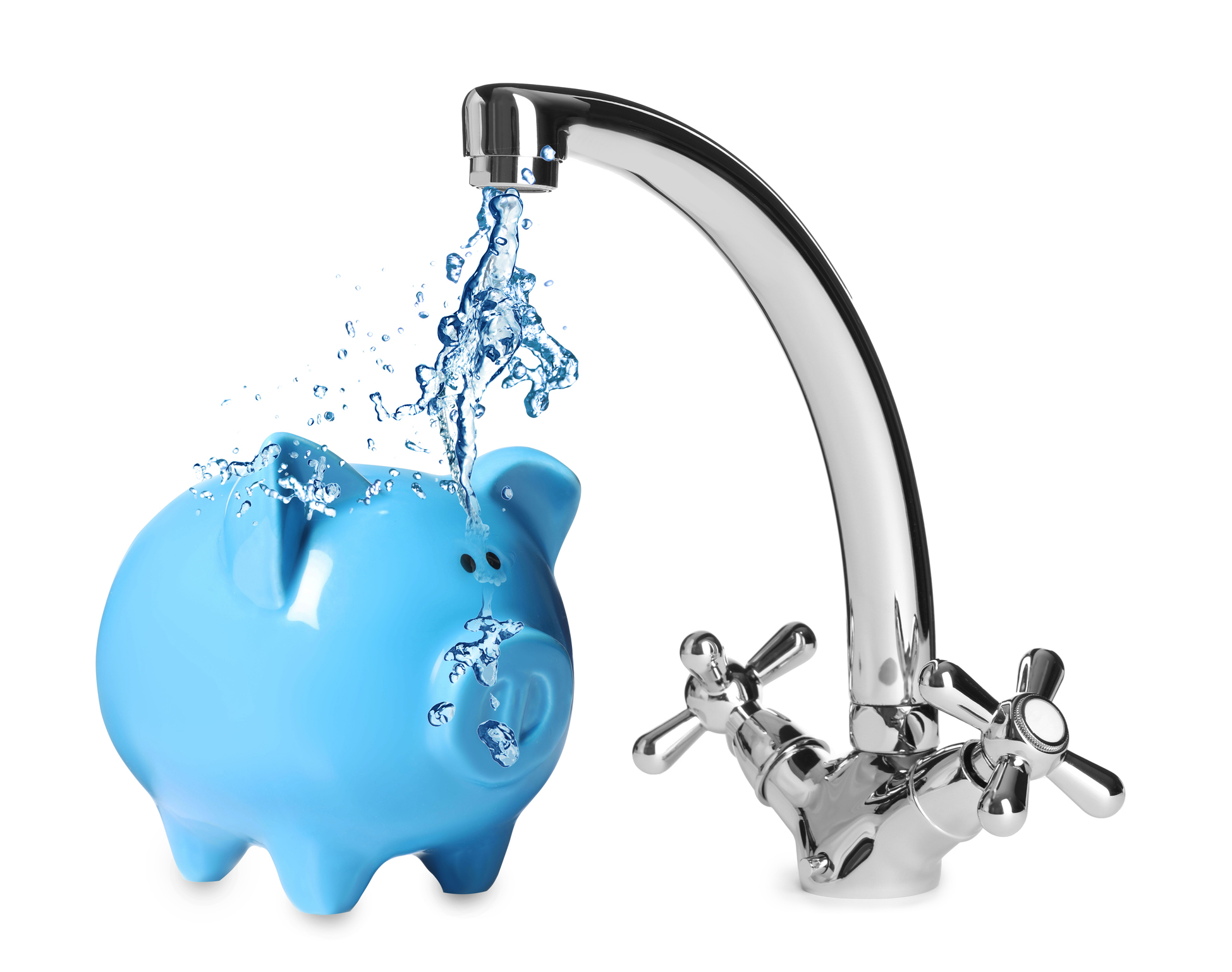 Piggy bank with water flowing from a faucet, illustrating tips to save on faucet replacement costs.