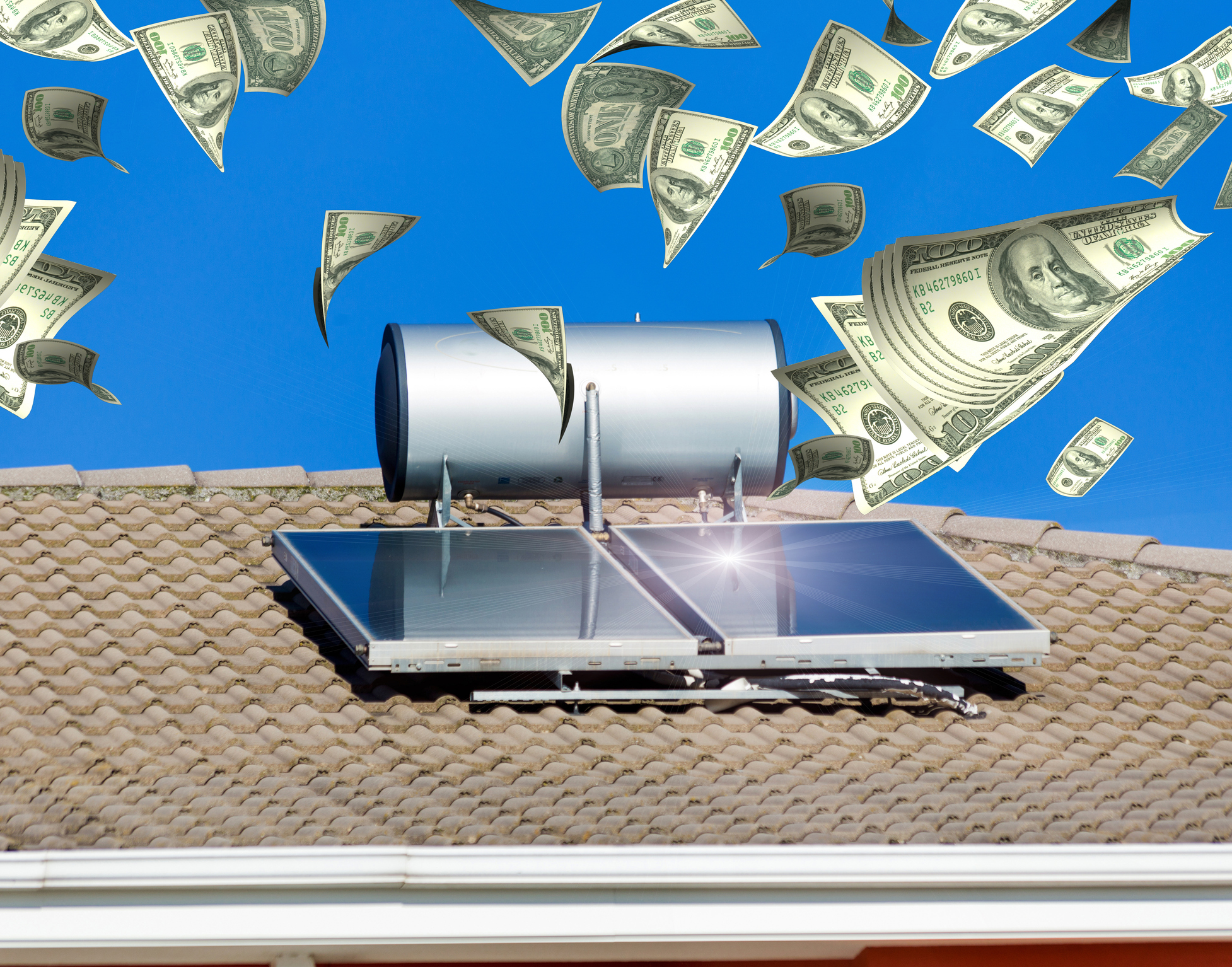 Money dollars on the roof solar water heater energy savings.