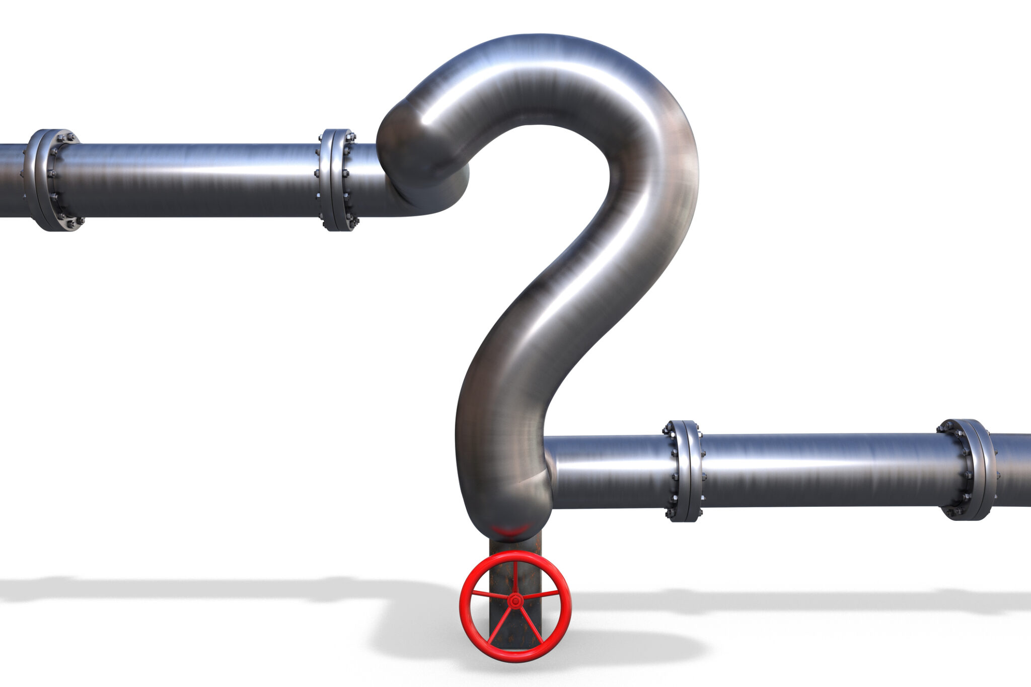 Steel gas pipe shaped like a question mark with a red valve, illustrating frequently asked questions about gas sediment traps.
